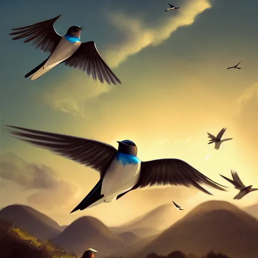 Prompt: flock of swallow birds flying in avila, golondrinas, green fields, spring season, 4 k, midday light, concept art, by wlop, ilya kuvshinov, artgerm, krenz cushart, greg rutkowski, pixiv. cinematic dramatic atmosphere, sharp focus, volumetric lighting, cinematic lighting, studio quality