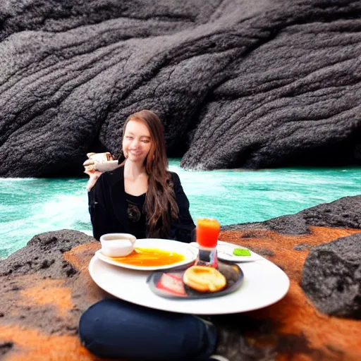 Image similar to a DSLR of a woman having breakfast next to a river of Lava, 4K