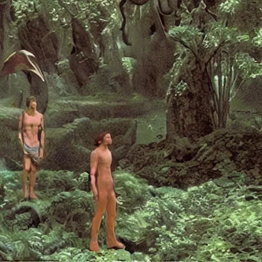 Image similar to a film still of the garden of eden ( from the bible ) in star wars 1 9 7 7, realistic, photorealistic, detailed,
