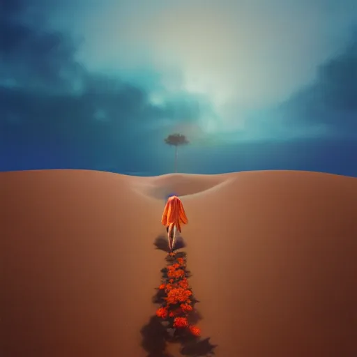 Prompt: closeup giant dahlia flower covering head, a girl walking between dunes, surreal photography, sunrise, blue sky, dramatic light, impressionist painting, digital painting, artstation, simon stalenhag