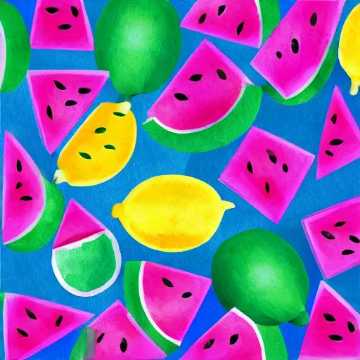 Image similar to retro, hd illustration of watermelons, big yellow lemons, mint leaves, ice cubes, inspired by watercolor masterpieces, matisse, malevich, david hockney, colorful, happy, trending on artstation, 4 k