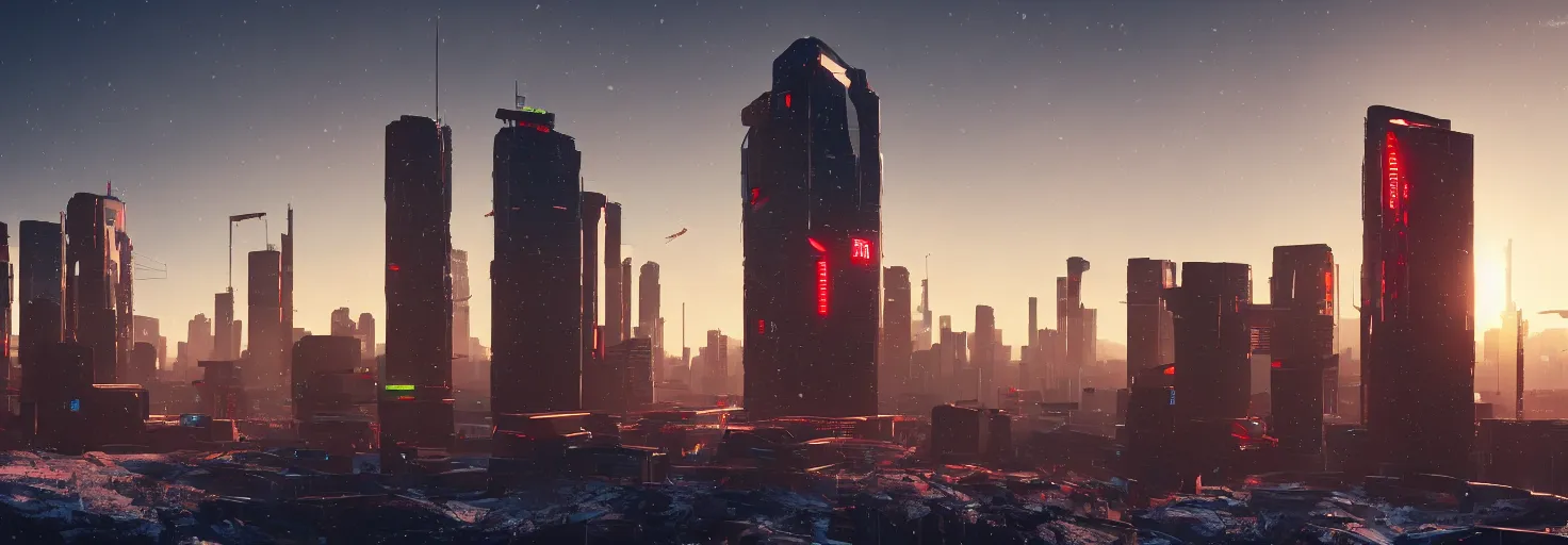Prompt: modern red and black corporate concrete and glass tower on a cold, snowy hill at sunrise, light reflecting off the windows, Concept art, cyberpunk 2077.