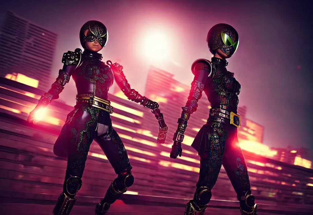 Image similar to huge belt, female kamen rider, hero action pose, human structure, full body hero, intricate detail, hyperrealistic art and illustration by a. k. a limha lekan a. k. a maxx soul and alexandre ferra, global illumination, blurry and sharp focus, on future tokyo night rooftop, frostbite engine