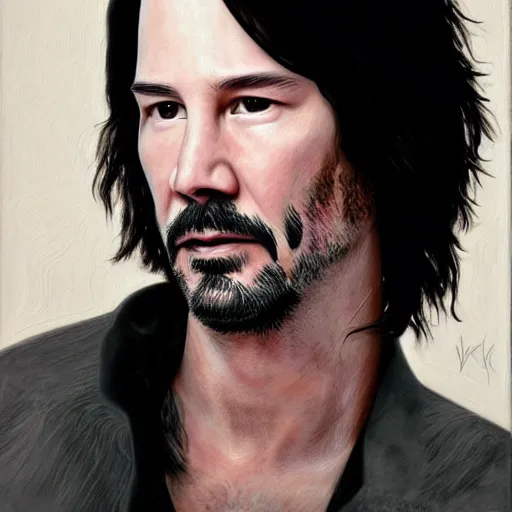 Image similar to intricately detailed semirealistic portrait of johnny silverhand (keanu reeves)