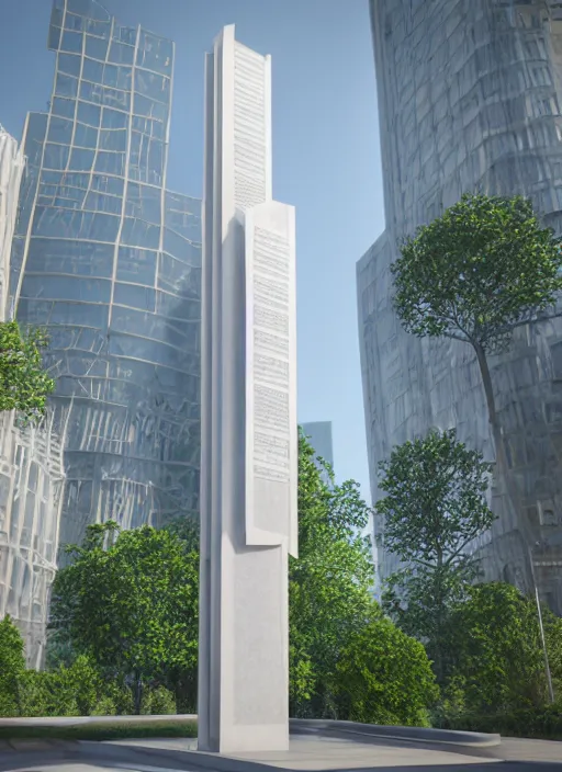 Image similar to highly detailed realistic architecture 3 d render of a futurisctic stele made from economics business standing in a city park, archdaily, made in unreal engine 4 octane render