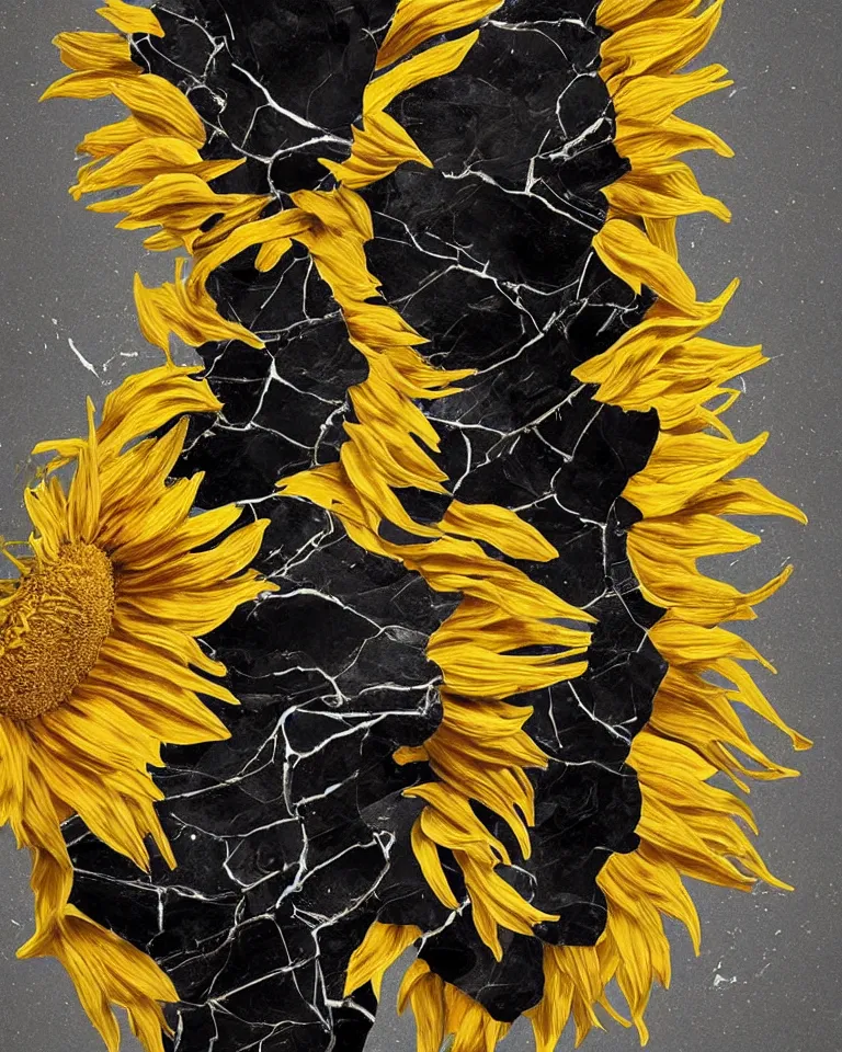 Image similar to symmetrical painting of a fractured obsidian greek statue of a sunflower fixed with kintsugi, rendered in octane trending on cgsociety. extremely detailed and intricate art