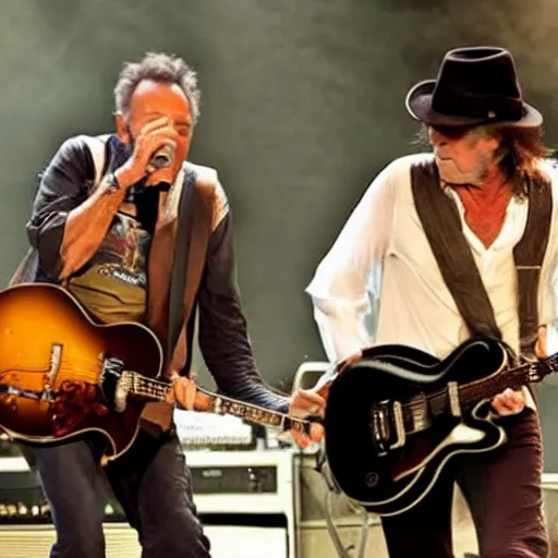 Prompt: Photo of Bruce Springsteen and Neil Young jamming on stage at a festival