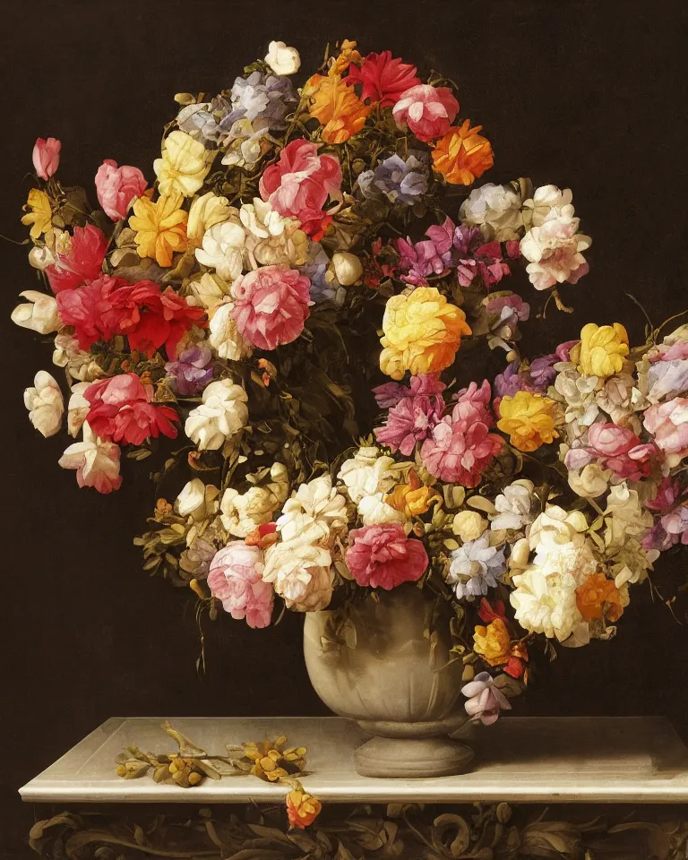 Prompt: still life of beautiful flowers in an intricate vase on a marble pedestal, trending on art station, by Raphael, Georgia O'Keefe, and Bernini.