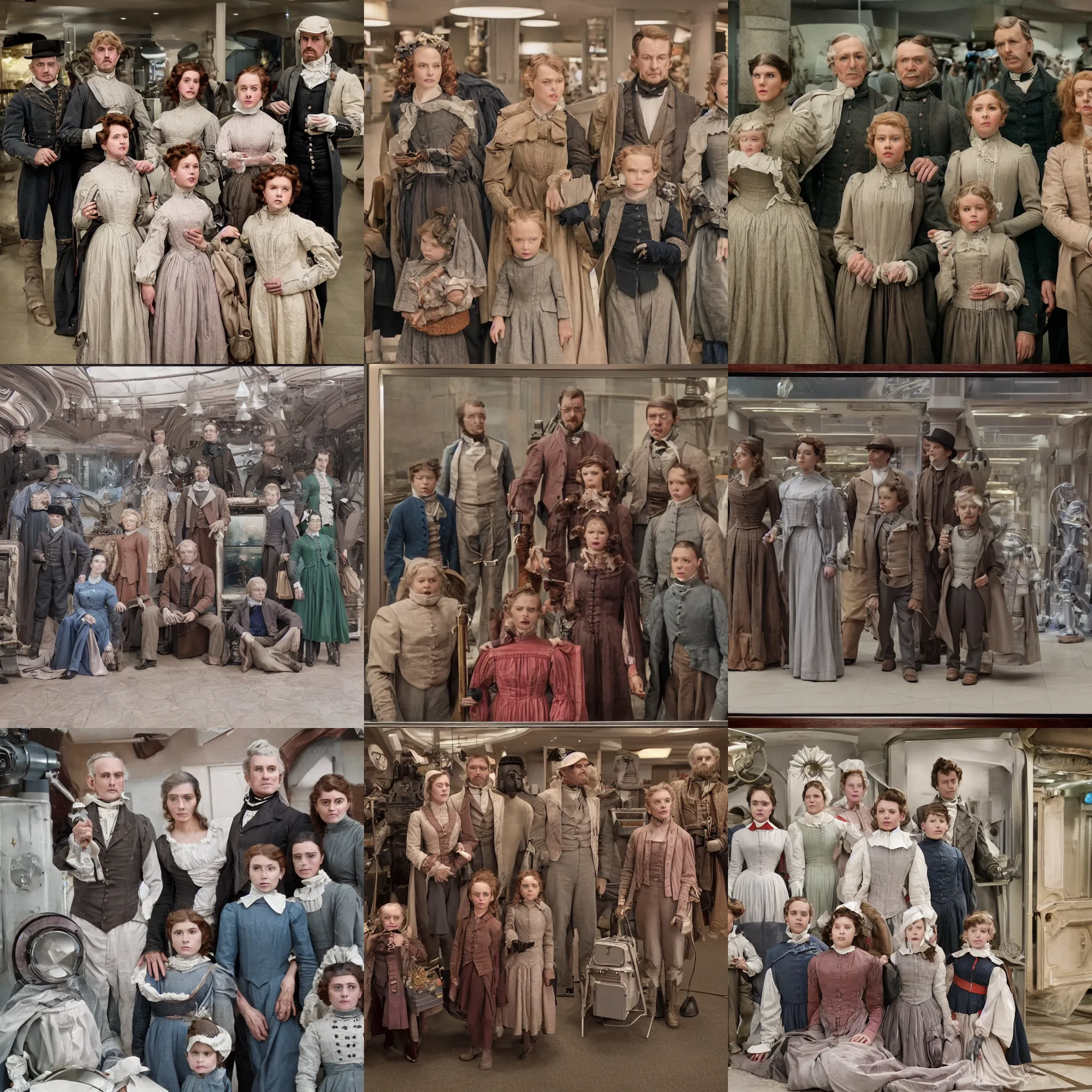 Prompt: sharp, highly detailed, 8k, 65mm film, high quality frame scan from a sci fi blockbuster color movie made in 2019, a family of four time travelers from 1860 travel in time to 2019, appearing in a shopping mall, looking surprised, the family are all wearing 1860s era clothes, good lighting, in focus, cinematic still, high quality scan, in focus, 35mm f/1.4L lens, oscar winner, award winning lighting, award winning photography, ultra high definition