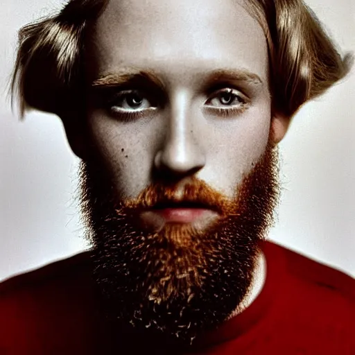 Image similar to 8k portrait photograph of 20 year old man named Carter Manson with long blond hair and red beard. Arnold Newman. Dramatic.