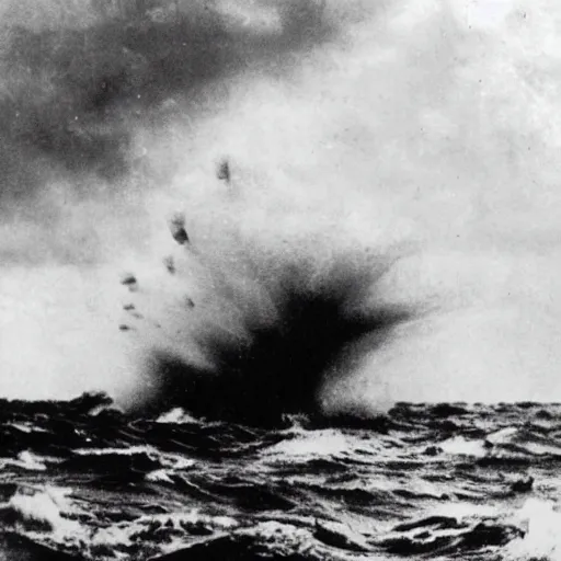 Image similar to giant anomalous creature in the middle of a violent stormy ocean, 1910s photograph