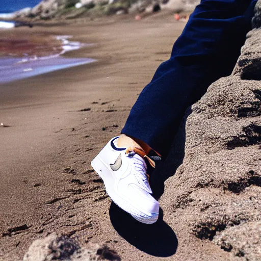 Image similar to person photographs his white nike air force one sneaker on a beach, color film photography, 3 5 mm, pov