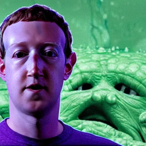 Prompt: a small weird childish alien as Mark Zuckerberg sitting in a room made of green slime and purple mold. Photograph from science fiction movie.