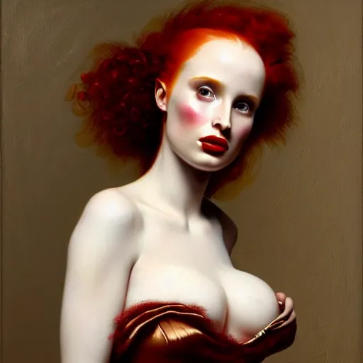Prompt: portrait en buste Madelaine Petsch in bustle dress by Roberto Ferri, realist