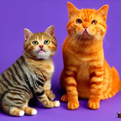 Prompt: tiny adorable purple fantasy dragon cuddles an orange tabby cat, realistic, orange tabby cuddles purple dragon, award - winning photography