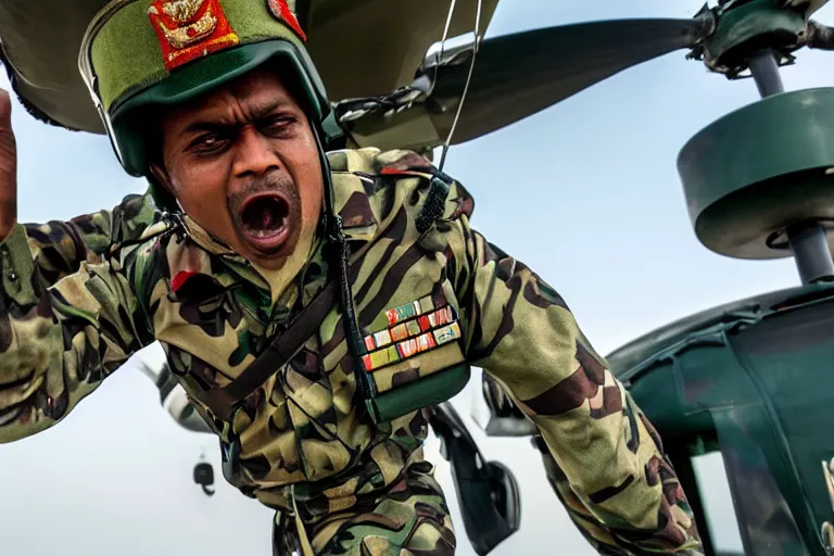 Image similar to closeup portrait of bangladesh army commander jumping from a helicopter, cinematic shot, motion still, atmospheric