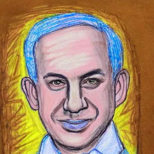 Prompt: portrait of benjamin netanyahu, drawn by a child, in oil pastel colors