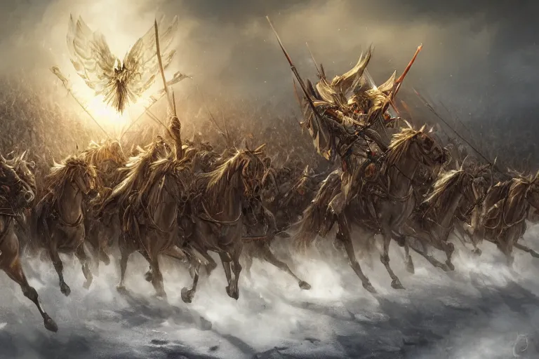 Image similar to Majestic powerfull big white wings Winged Hussars cavalry horde charging at ugly colour demons and trolls on ground, huge golden cross above them on the sky, wings lightning bright from heavens, blood, snow, wide angle, thunders, magic, dramatic lighting, intricate, wild, highly detailed, digital painting, artstation, concept art, smooth, sharp focus, illustration, art by artgerm and greg rutkowski and alphonse mucha, footage from space camera