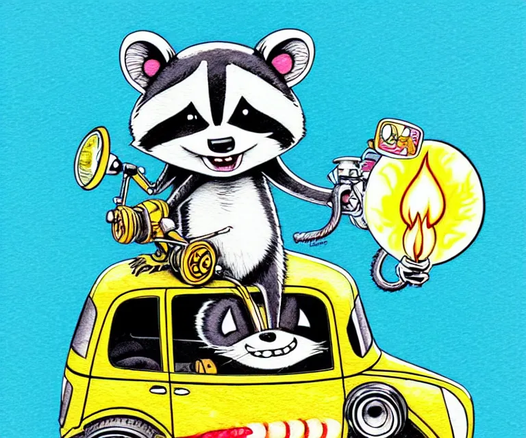 Image similar to cute and funny, racoon wearing a helmet with tiny flame stickers on it riding in a tiny hot rod coupe with oversized engine, ratfink style by ed roth, centered award winning watercolor pen illustration, isometric illustration by chihiro iwasaki, edited by range murata