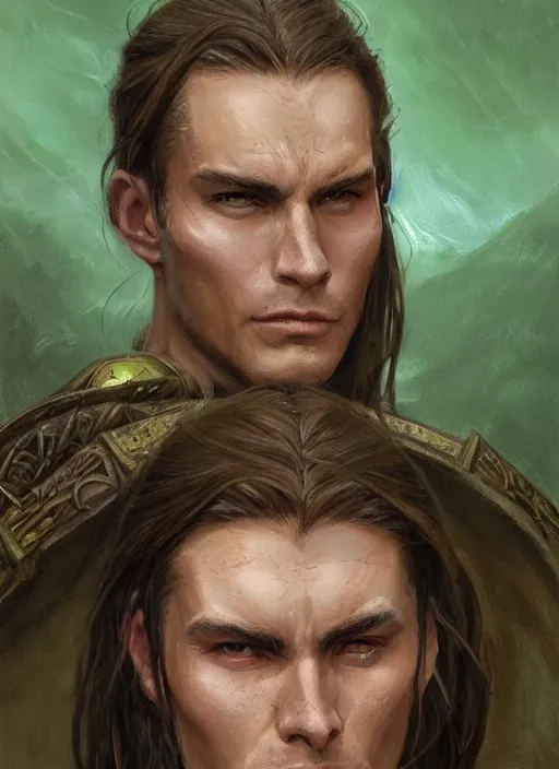 Prompt: a warrior in his twenties smirking with long light brown hair tied back, light green eyes, a large forehead, a widows peak and a round face with high cheekbones and full lips as a realistic d & d fantasy character, portrait art by donato giancola and greg rutkowski, vintage retro, realistic face, digital art, trending on artstation