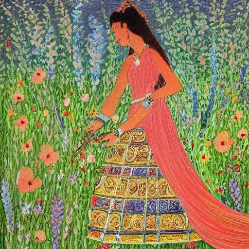 Image similar to detailed painting of a goddess walking through a medow, flowers bloom where she steps