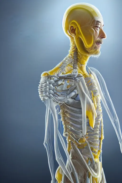 Prompt: hyperrealistic close-up translucent intricate exoskeleton!! sad chinese man covered highly detailed concept art eric zener elson peter cinematic side soft yellow light high angle hd 8k sharp shallow depth of field