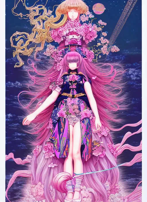 Image similar to highly detailed artstation vaporwave katsuhiro otomo fluorescent fantastic fate manga poster of princess mechine, minaba hideo,, long hair, armor, laces, ruffles, 8 k, maximalist, art nouveau,