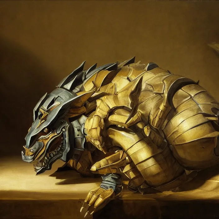 Image similar to still life painting of wargreymon by pieter claesz, oil on canvas, strong lighting, highly detailed, hyper realism, golden hour, god rays, hd, 4 k