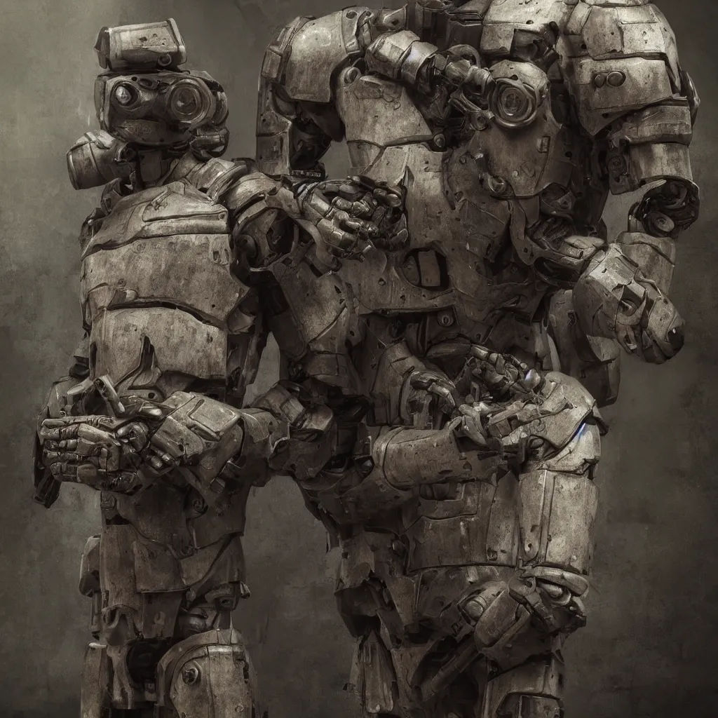 Prompt: an hyper realistic soldier robot dark character 3 d face model sci fi art, moebius, blade runner, photorealistic render