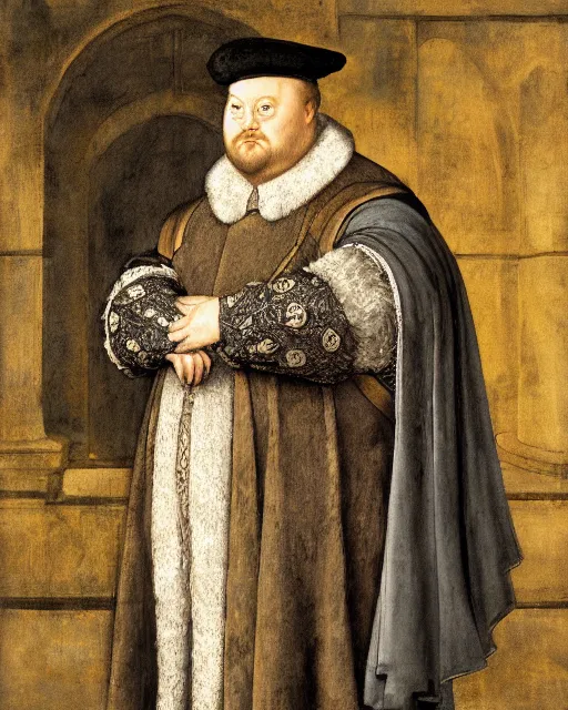 Image similar to fat gray cat with yellow eyes dressed like henry viii, tudor period menswear, hans holbein the younger, greg rutkowski, royal portrait, painting