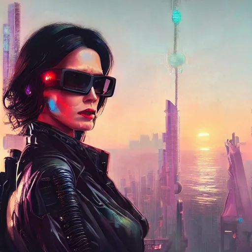 Prompt: cyberpunk, portrait of a beautiful cyberpunk woman, sunglasses, shag hair, sunset, cyberpunk city background, megacity, gorgeous view, depth, high detail, digital art, painted by greg rutkowski, neuromancer, trending on artstation