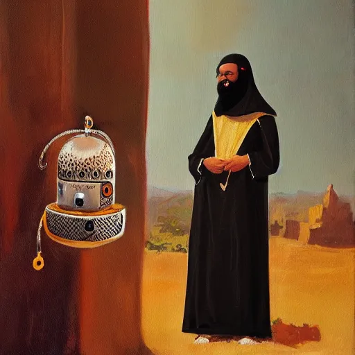 Image similar to a robot who wears muslim clothes, has a long beard, holds a rosary, and wears an arab abaya, oil painting