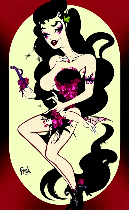 Prompt: fairy with a detailed face and black hair, burlesque psychobilly, rockabilly, punk, wide angle shot, white background, vector art, illustration by frank frazetta