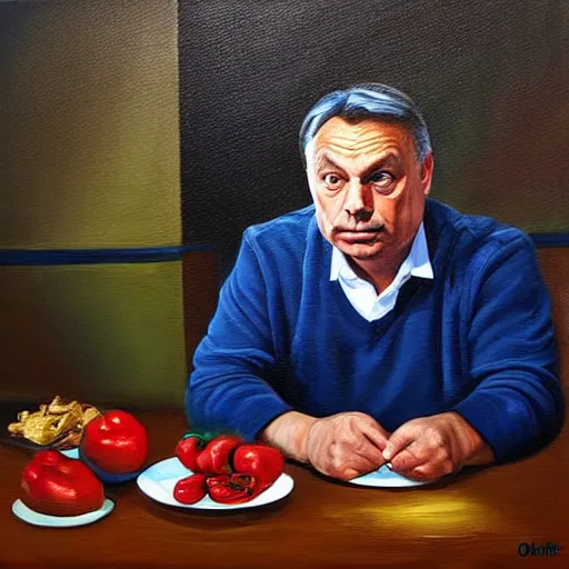 Image similar to viktor orban in his kitchen, oil painting