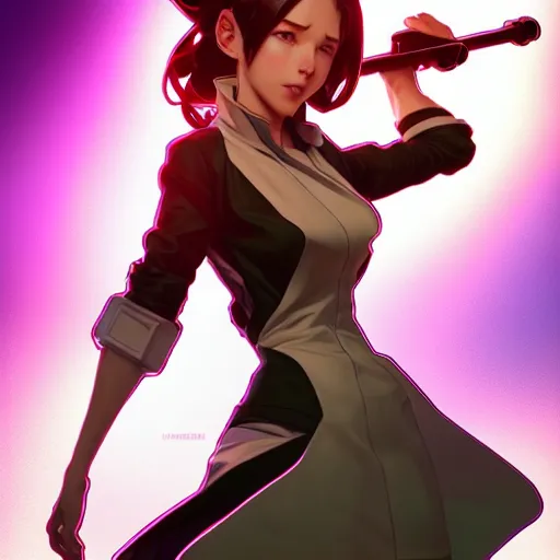 Prompt: a full body character design by artgerm, cushart krenz, ross tran, alphonse mucha. cute mad scientist girl lab coat futuristic shoulder cannon bazooka!! bold outline sharp edges. ultra clear detailed. 8 k. elegant, neon colors, dynamic angle, intricate complexity, epic composition, action pose, cinematic lighting masterpiece