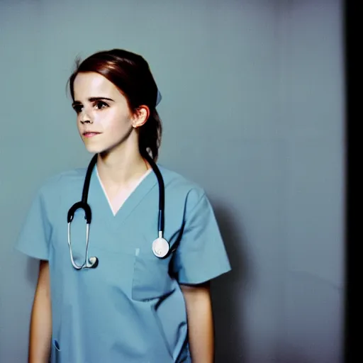 Image similar to emma watson, nurse scrubs, hospital, portrait, mouth open, full body, award winning, kodak ektachrome expired blue tint,