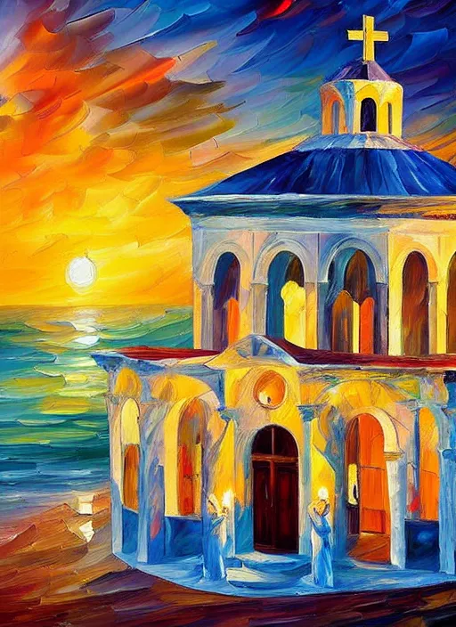 Image similar to beautiful seaside greek chapel at sunset in the style of leonid afremov