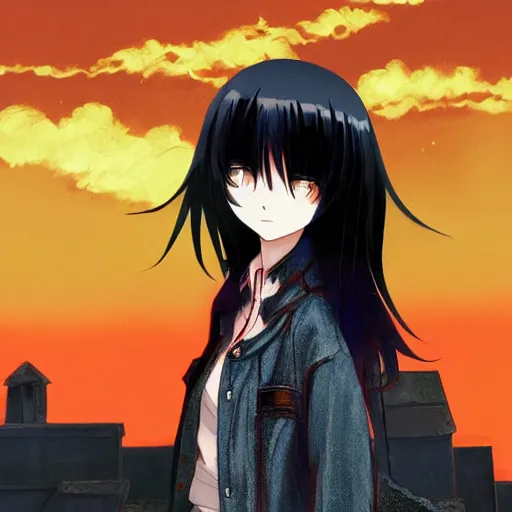 Image similar to 1 7 - year - old anime goth girl, black hair, long bob cut, long bangs, gothic coat, golden hour, partly cloudy sky, red clouds, orange sky, old town, futuristic old town, strong lighting, strong shadows, vivid hues, ultra - realistic, sharp details, subsurface scattering, intricate details, hd anime, 2 0 1 9 anime