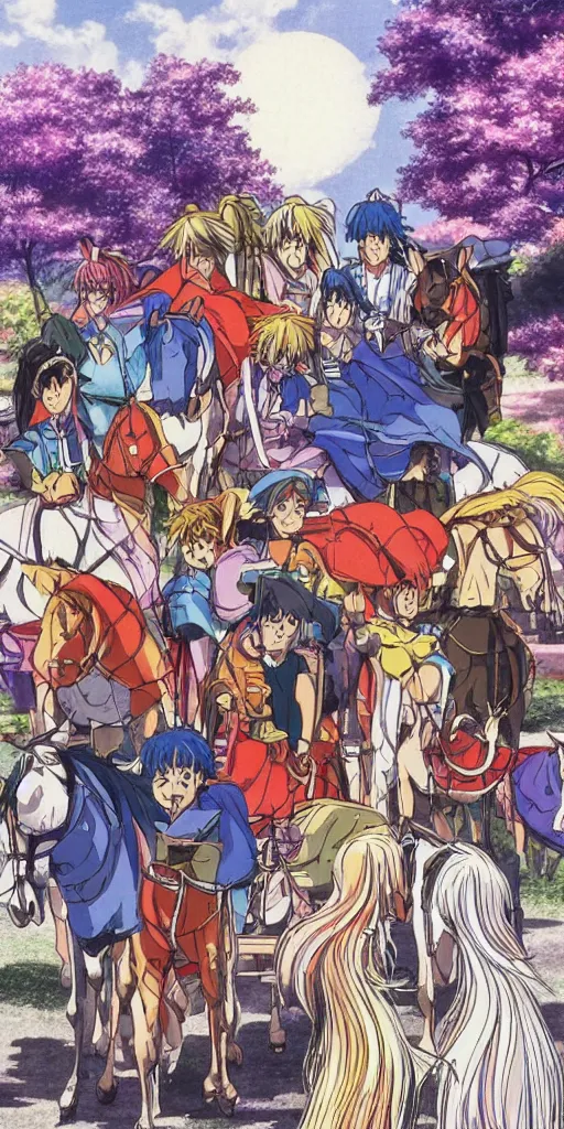 Image similar to a chariot drawn by horses in japan, 1990s anime, full color,