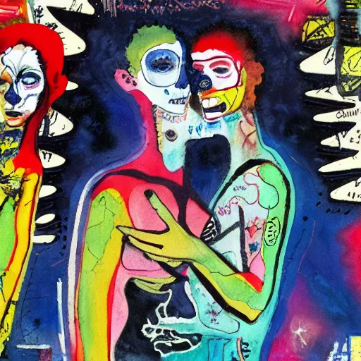 Image similar to watercolor painting of two bizarre psychedelic goth women hugging each other closeup in a space station in japan, speculative evolution, mixed media collage by basquiat and jackson pollock, maximalist magazine collage art, sapphic art, lesbian art, chemically damaged