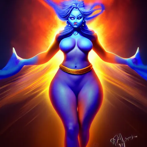 Image similar to all powerful genie, ecstatic, infinite power, manic, perfect eyes, full body shot, magical being, magic, portrait, noble, transformation, vivid colors, elegant, concept art, sharp focus, digital art, Hyper-realistic, 4K, Unreal Engine, Highly Detailed, HD, Dramatic Lighting by Brom, trending on Artstation