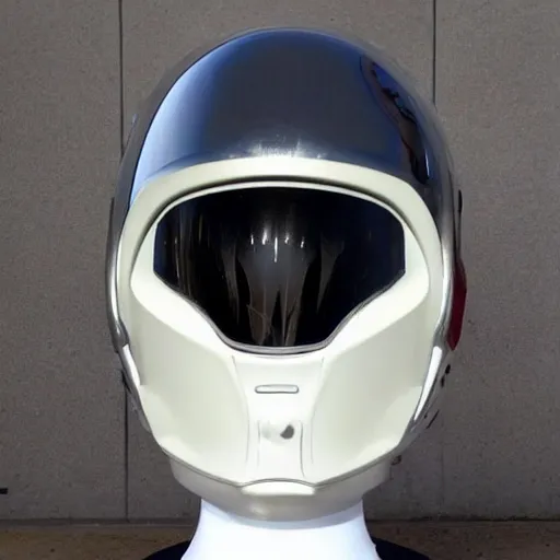 Prompt: futuristic space suit head and shoulders view white suit gold visor 2035 intimidating