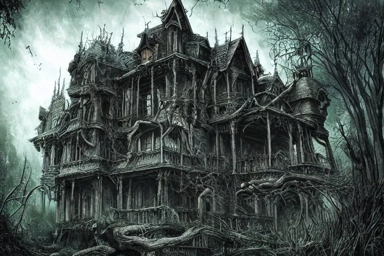 Image similar to haunted mansion next to a ravine and stream and forest, low fantasy, detailed, intricate, elegant, haunting, luxurious, ominous, matte painting, dark fantasy, grimdark