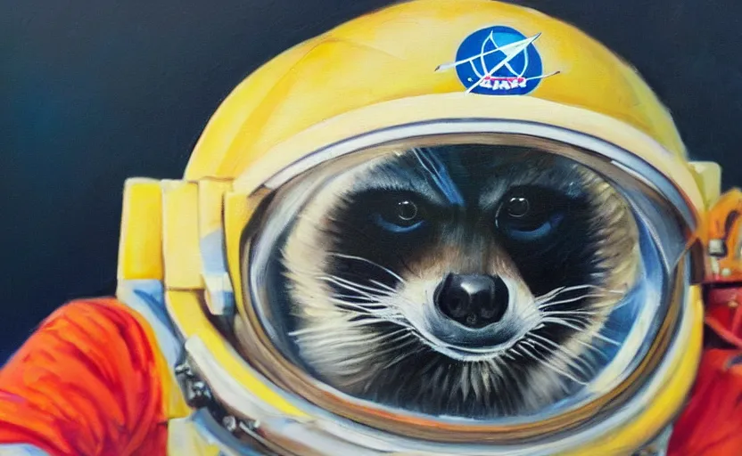 Image similar to oil painting of a racoon in a astronaut suit with helmet, 35mm, photo, Epic, cinematic