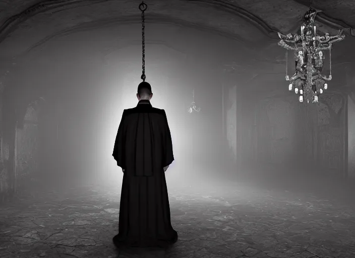 Image similar to a highly realistic and detailed full Priest standing in a dark dirty basement holding a rosary, wide angle 70mm lens, volumetric haze, front facing camera, symmetrical, photorealistic, insanely detailed and intricate, epic, hyper realistic, elegant, ornate, elite, horror, creepy, ominous, haunting, cinematic lighting, unreal engine, cinematic centered camera, high detail, no blur, unreal engine 8k