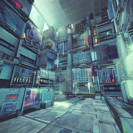 Image similar to “3D scene with high draw distance. Floorwide 3D model of a cyberpunk city placed inside of a room.”