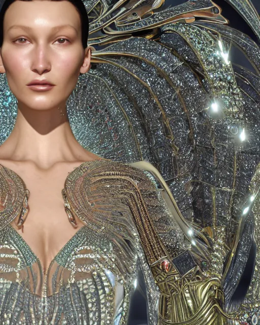 Image similar to a highly detailed metahuman 4 k close up render of an alien goddess bella hadid as goddess in iris van herpen dress schiaparelli in diamonds crystals swarovski and jewelry iridescent in style of alphonse mucha gustav klimt trending on artstation made in unreal engine 4