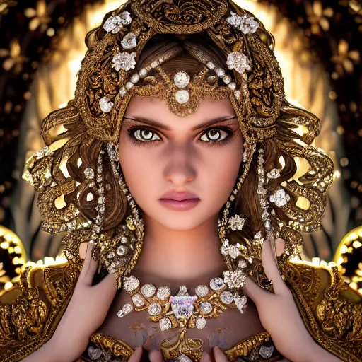 Image similar to portrait of pretty princess with perfect skin, glowing, ornate and intricate diamond jewelry, jaw dropping beauty, ornate and intricate backdrop, white accent lighting, hyper detailed, 4 k octane render