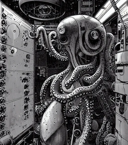Image similar to a cybernetic realistic octopus in a space station, techwear, Industrial Scifi, detailed illustration, character portrait, by Ashley Wood and Moebius