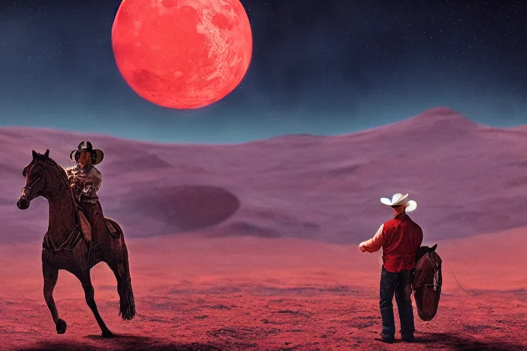 Prompt: Long shot of an old western cowboy riding a horse on mars looking at camera, distant background, red lighting, ominous, gloomy, moonlight, bokeh, depth of field, synthwave, psychedelic, glitch, acrylic, flooko, detailed, cybernetic, sci-fi, glows,